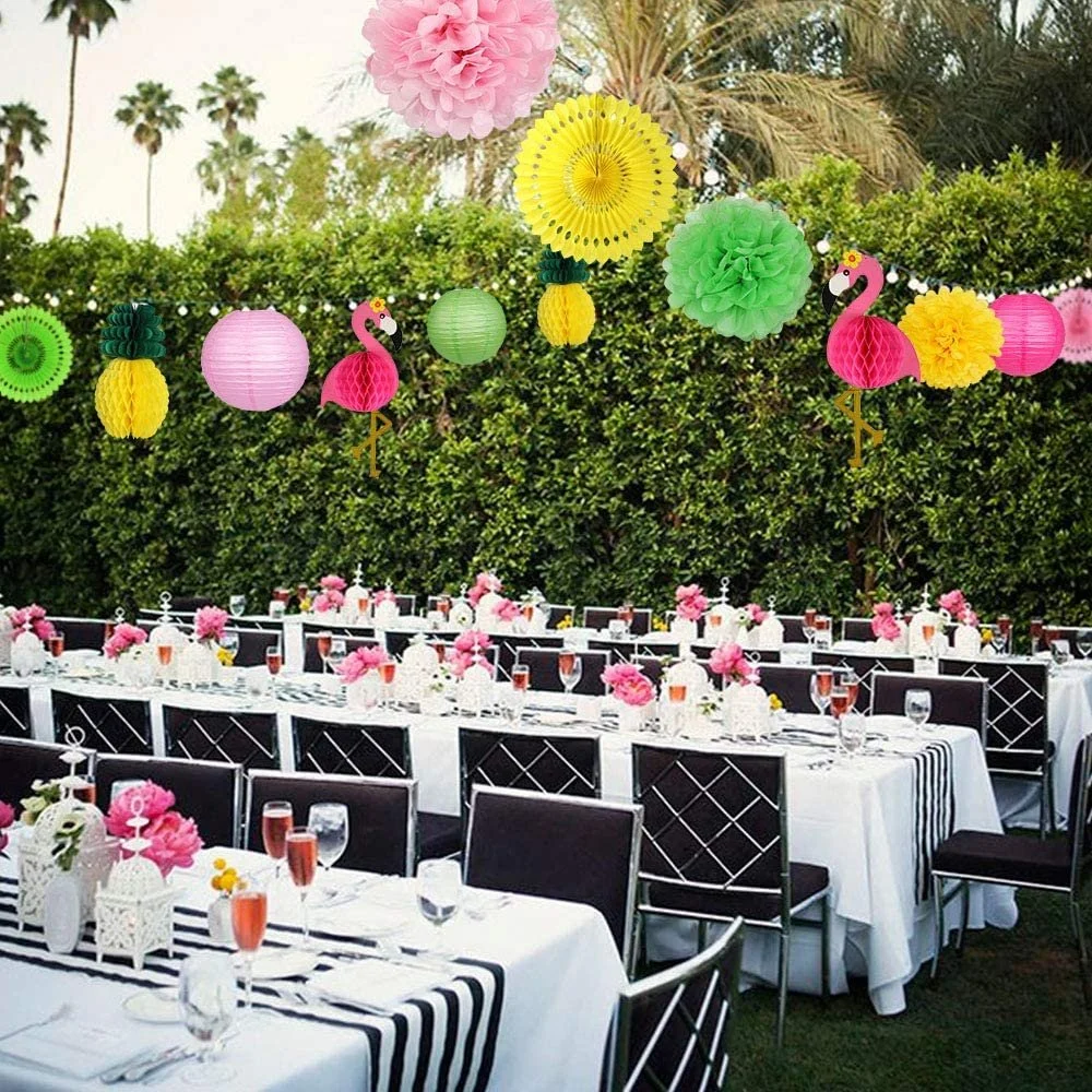 Festa de Aniversário de férias de Verão Hkh selva de decoração Flamingo e ananás Honeycomb lanternas de papel de esferas. Fãs. Poms POM