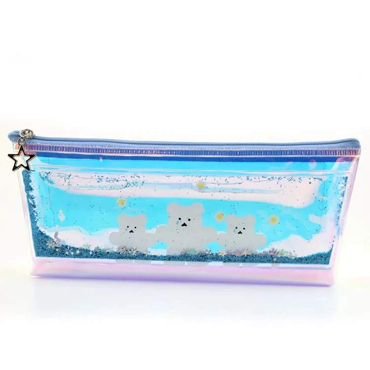 Wholesale Fashion Transparent PVC Laser Equins Quicksand Pencil Case Pen Pencil Stationery Bag Waterproof PVC Bags