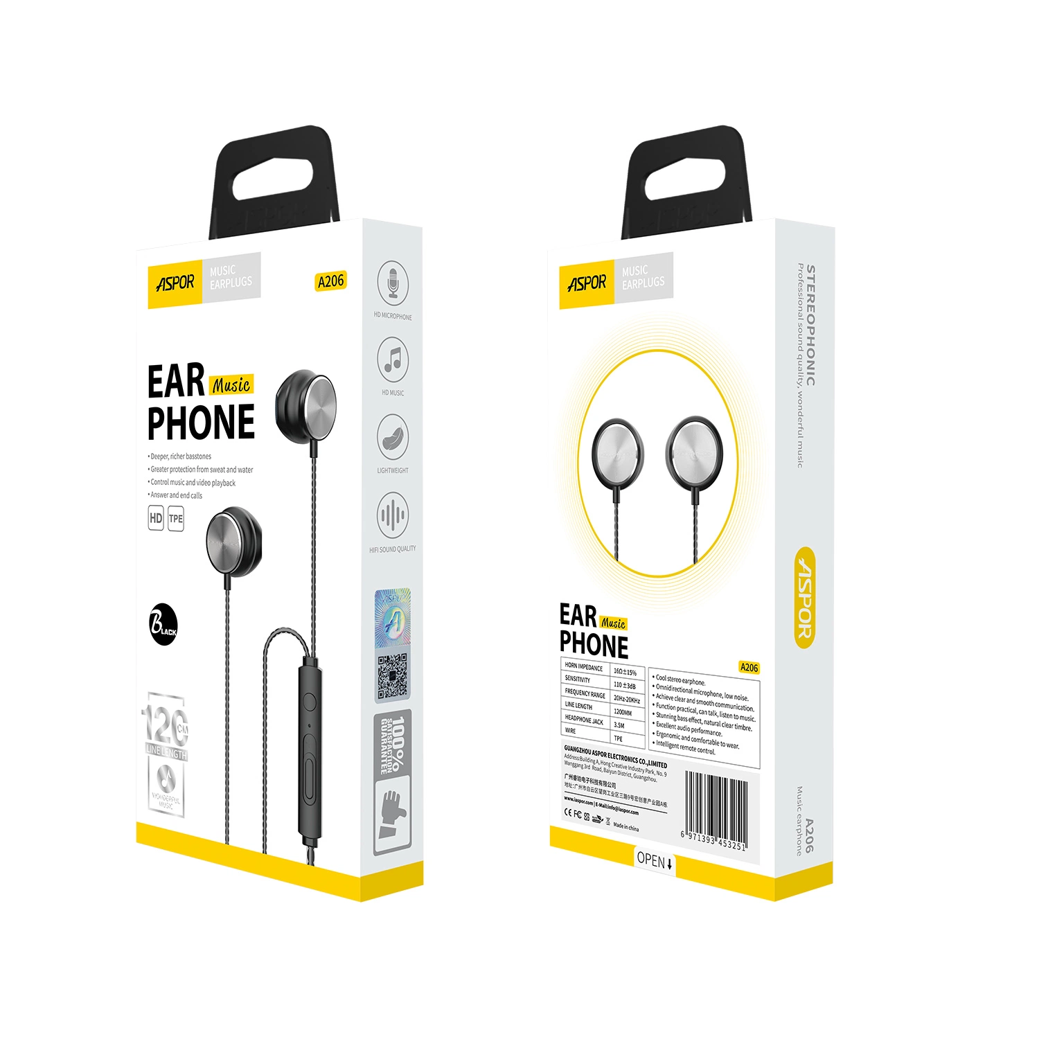 Écouteurs filaires 3,5 mm Aspor DC des écouteurs stéréo et volume de contrôle et Earphonemic Bouton Pause Casque de téléphone filaire