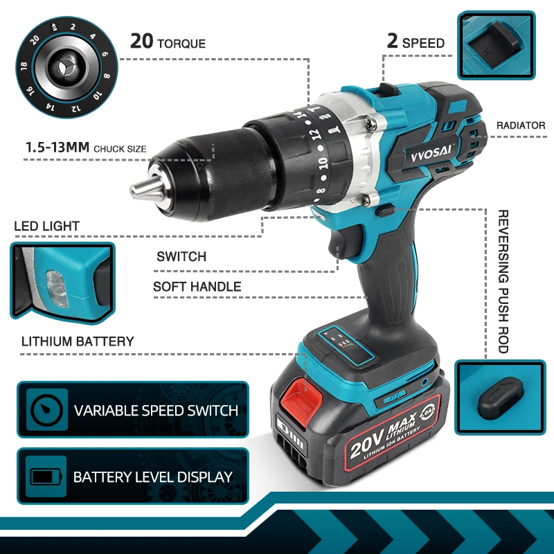 High Satisfaction Durable Vvosai 20V High Efficiency Handheld Power Drill