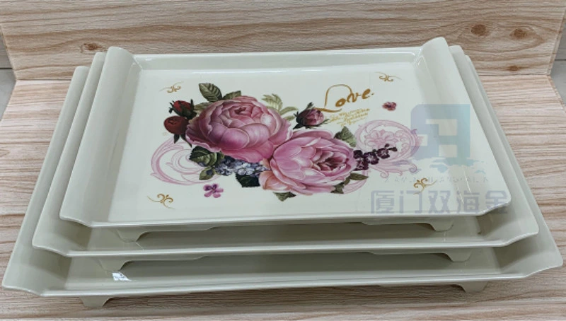 Custom Printed Melamine Rectangle Plastic Food Serving Tray Flower Design