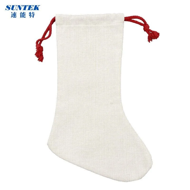 Customized Sublimation Linen Drawstring Christmas Socks Blank DIY Decoration