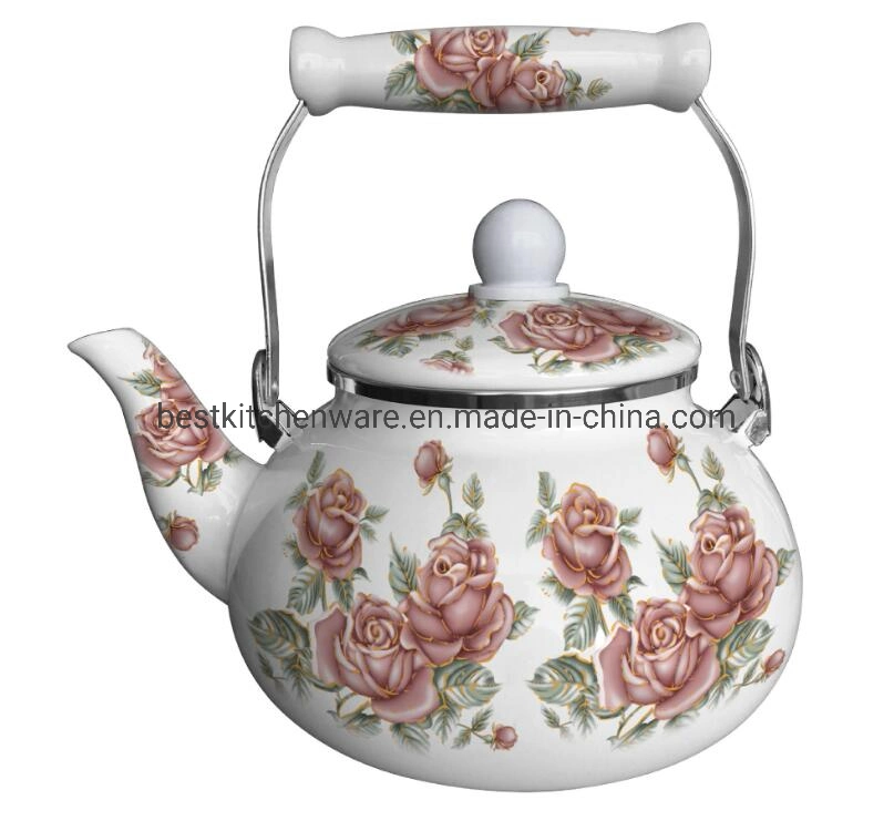 Durable Full Flower Decal Enamel Tea Kettle with Wooden Handle 2.5L