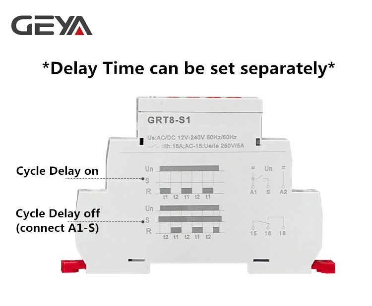 Geya Grt8-S Relé de tempo de ciclo assimétrico 1SPD 2SPD 16A 2 Relé de controlo de tempo dos modos