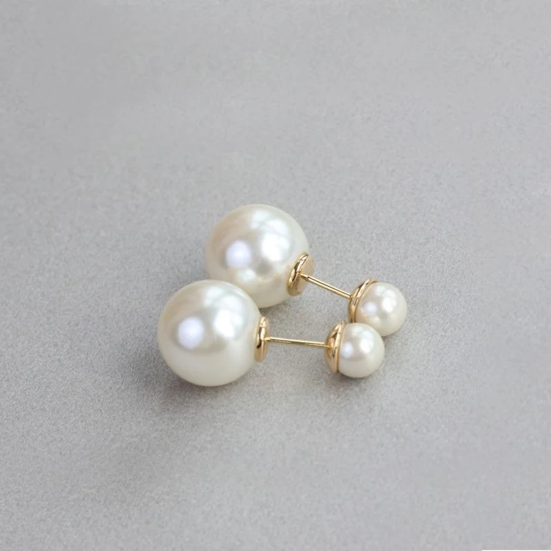 DiamondX Mother's Day Gift 18K Solid Gold Double Pearl Front and Back Stud Earrings