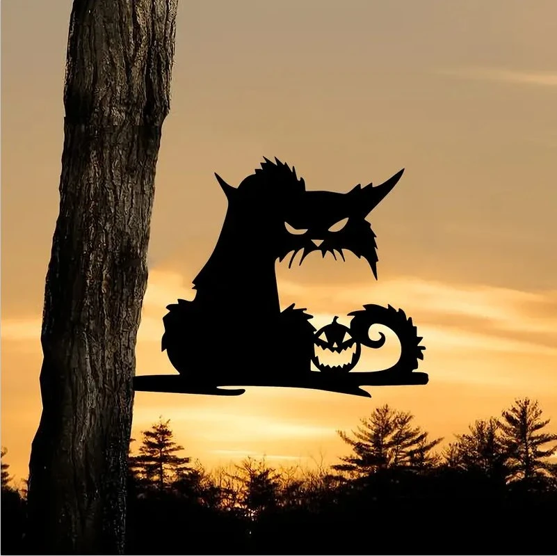 Horror Evil Cat on Branch Steel Silhouette Metal Wall Art Home Garden Yard Patio Outdoor Statue Stake Halloween Festival Decoration