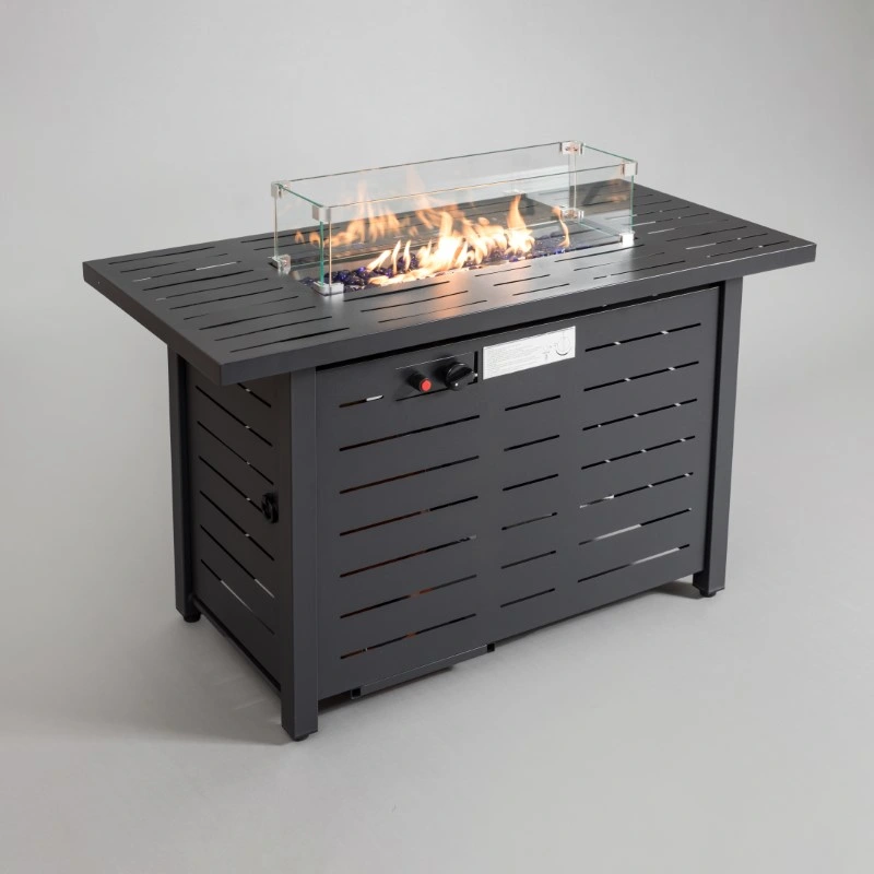 42inch Rectangle Outdoor Fireplace Patio Woven Rattan Garden Backyard Stove Fire Brazier Fire Pit Table with Lid and Fire Glass