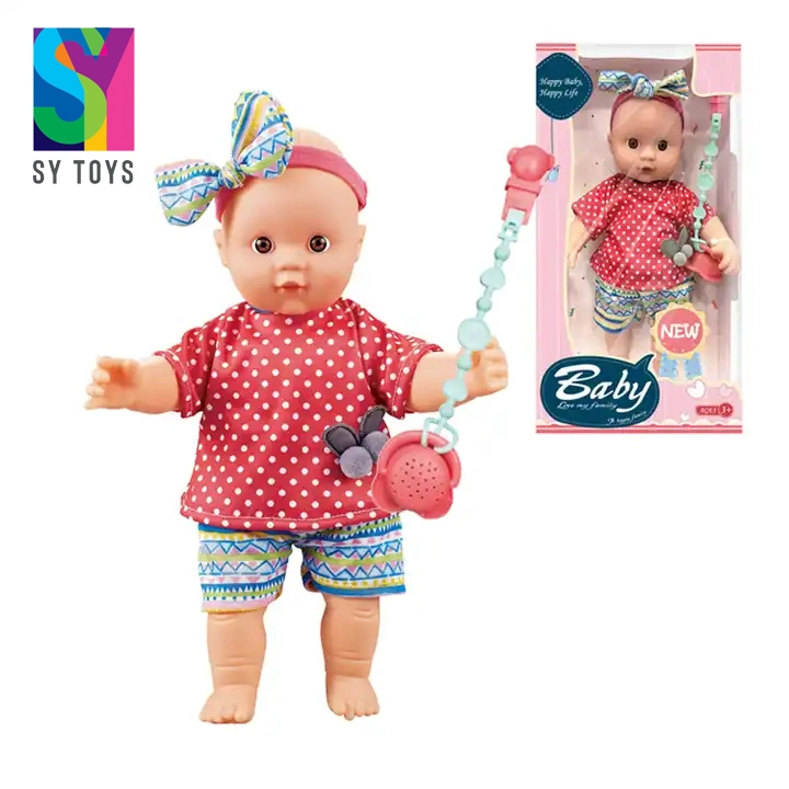 Sy Educational Children Kids 12-Inch Cotton-Body PVC PP Vinyl Doll W/ IC Sound Pretend Play Set Toys for Girls Red Dress Headscarf and Pacifier