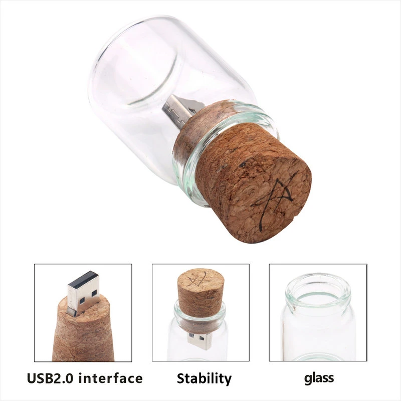 Promotional Gift Wooden Cap Nice Glass Bottle Shape USB Drive with Customized Logo