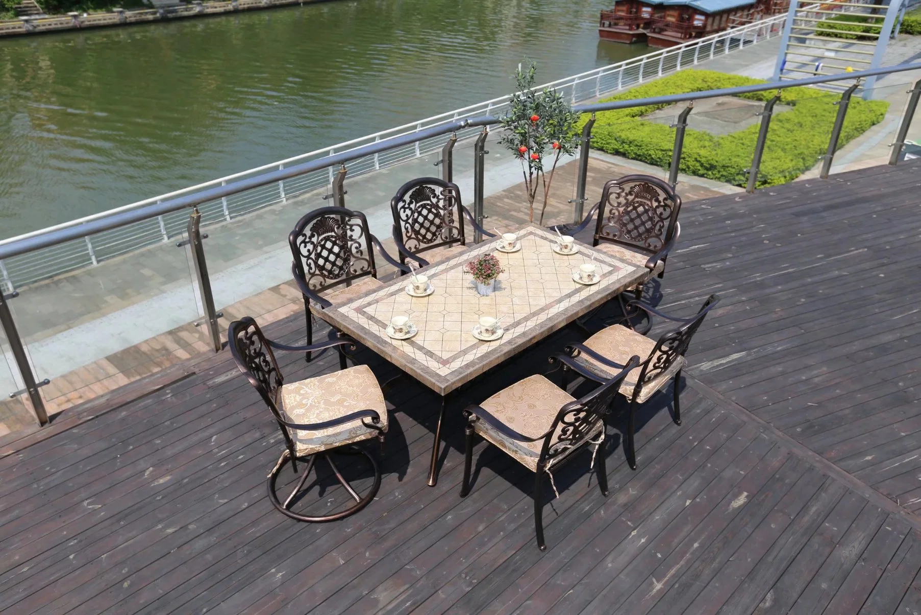 Outdoor Garden Barbecue Tables and Chairs and Home Garden Villa Cast Aluminum Furniture Ceramic Tile Long Balcony