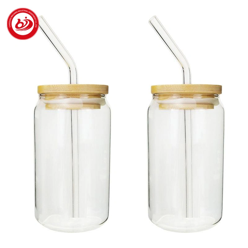 High Quality Trendy Transparent Glass Juice Beer Coffee Milk Tea Soda Water Bottle Mug with Bamboo Lid BPA Free Popular