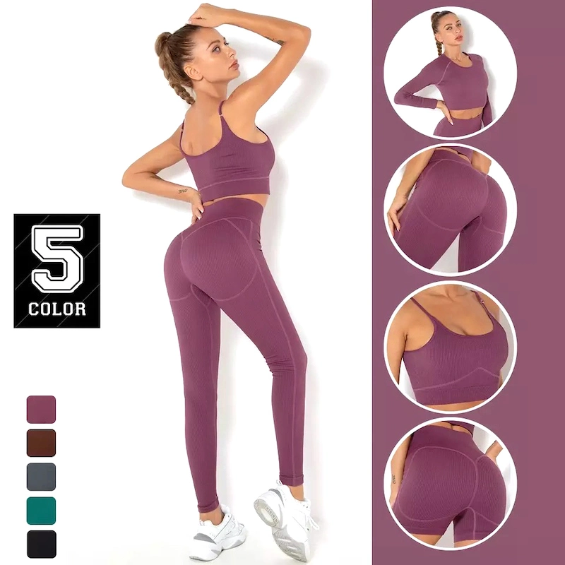 High Quality Womens 2/3/4 Piece Gym Outfits Workout Clothes Set, Ribbed Seamless Fitness Sports Bra + Active Shorts + Long Sleeve Top + Leggings Sports Suits