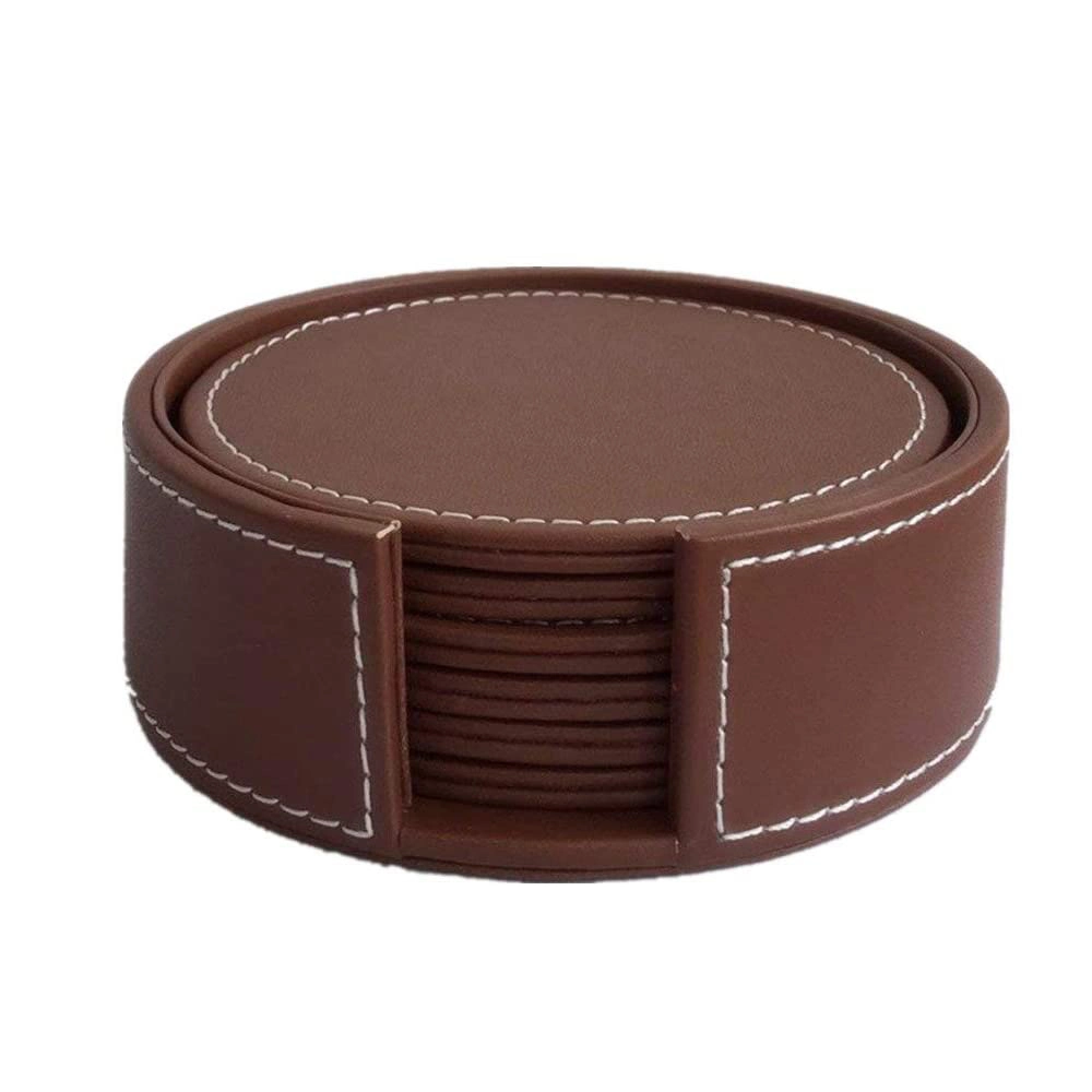 Custom Brown Faux Leather Round Cup Coasters for Drink