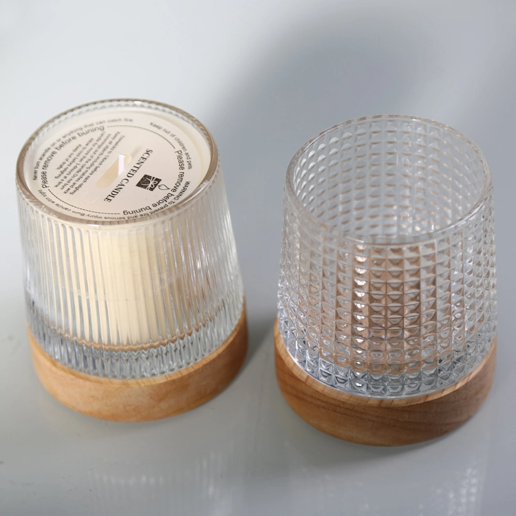 Scented Candle DIY Empty Bottle Rubber Wood Base Glass Jar Vertical Pattern Simple Container