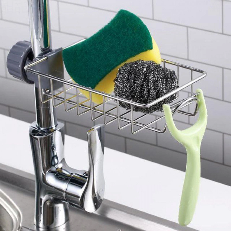 Stainless Steel Kitchen Over Faucet Hanging Soap Sponge Holder Sink Organizer for Sponge Soap Dishcloth Brush Sink Caddy