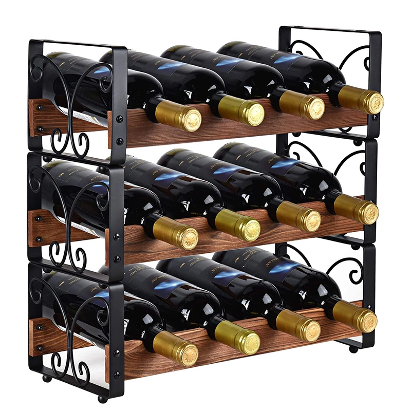 Organizador de botellas de vino de madera de 2 niveles apilable y desmontable con estante de metal premium fácil de montar