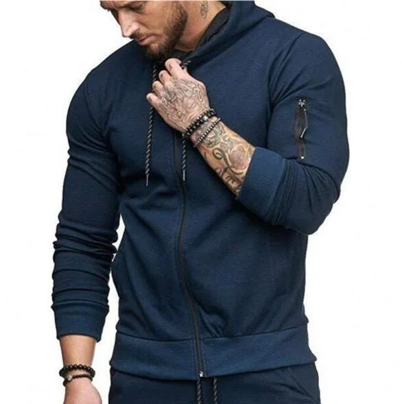 El 65% de algodón para hombres Slim Deporte Sudadera con capucha chaqueta con cremallera del brazo de la moda casual sudadera de viajes