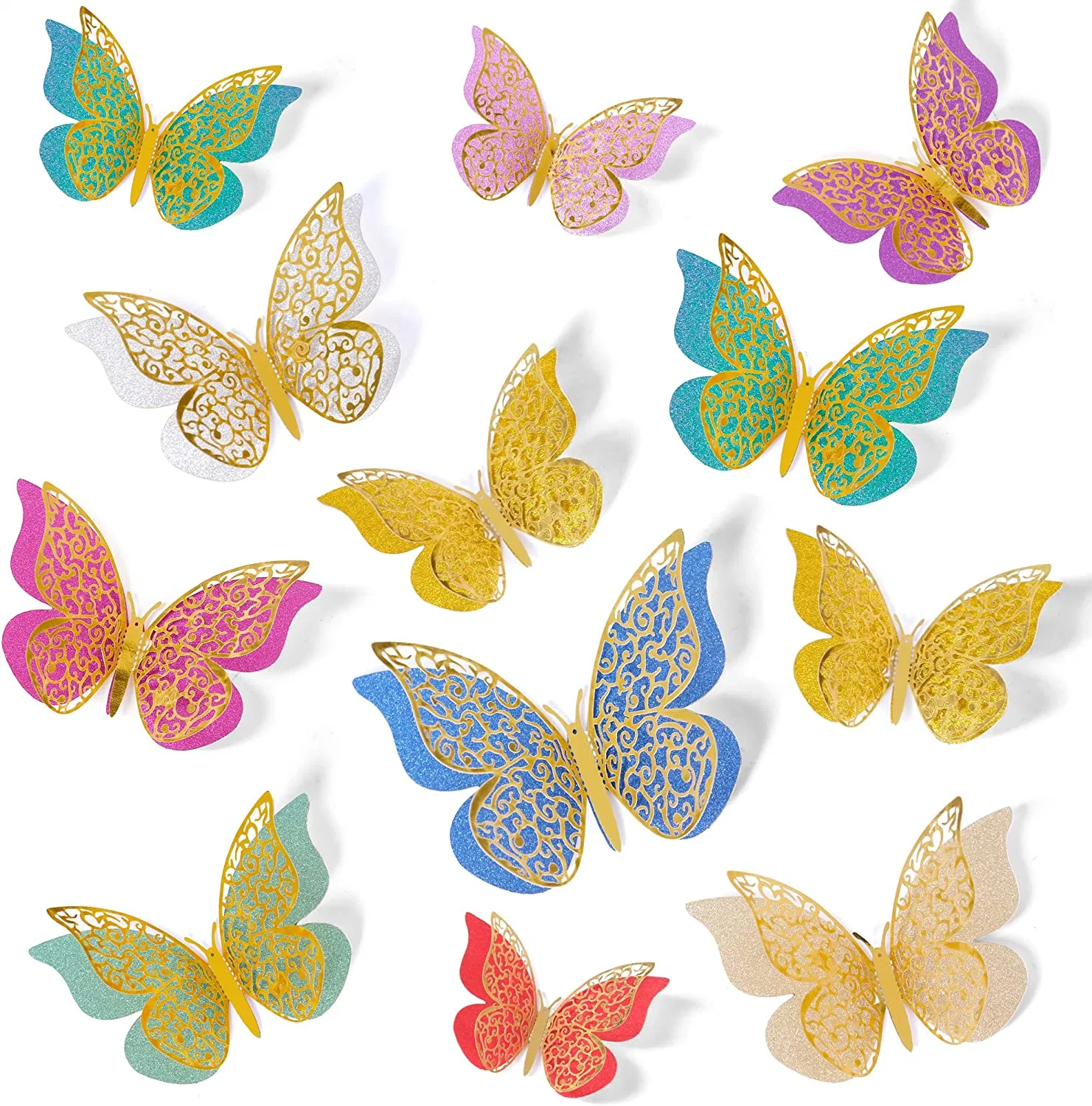 3D Oro Butterfly 24 PCS capas dobles decoración adhesivos para pared parte bebé boda Show Home Aula de la Guardería niños Dormitorio Baño Salón Decoración