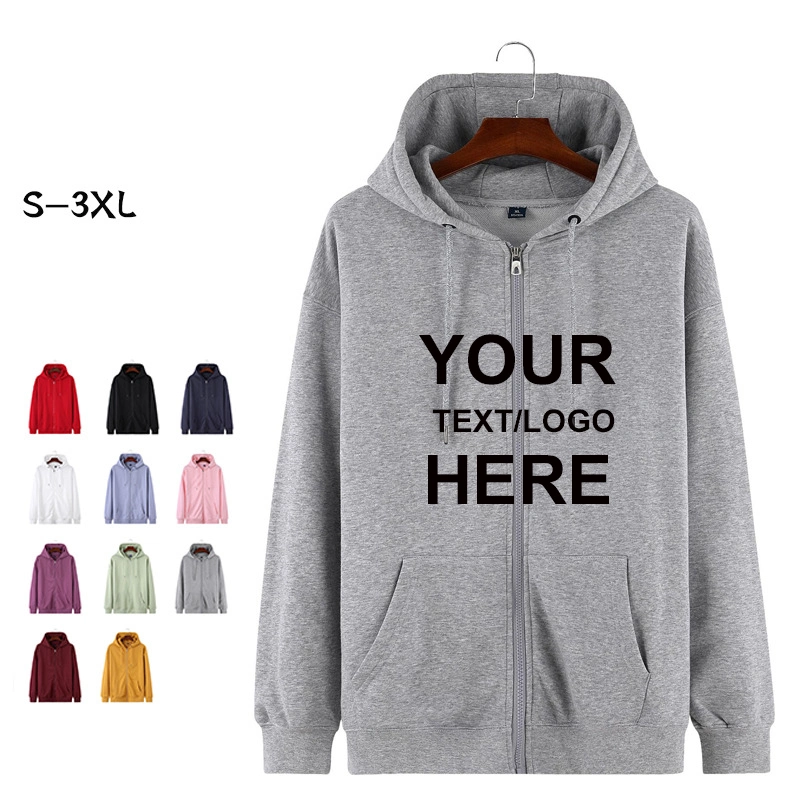 Solid Color Hooded Zipper Cardigan Hoodie Custom Work Clothes off Shoulder Loose Wool Coat Class Printed Logo Clothing