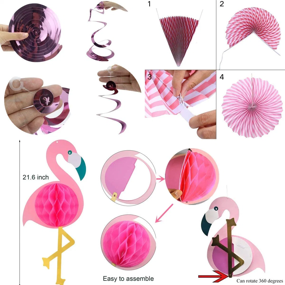 Tropical Pink Flamingo, suspensão de papel cor-de-rosa conjunto de 6, brilhante ouro Faixa feliz de aniversário e coroa Flamingo Flag para bebé de aniversário Chuveiro decoração festa