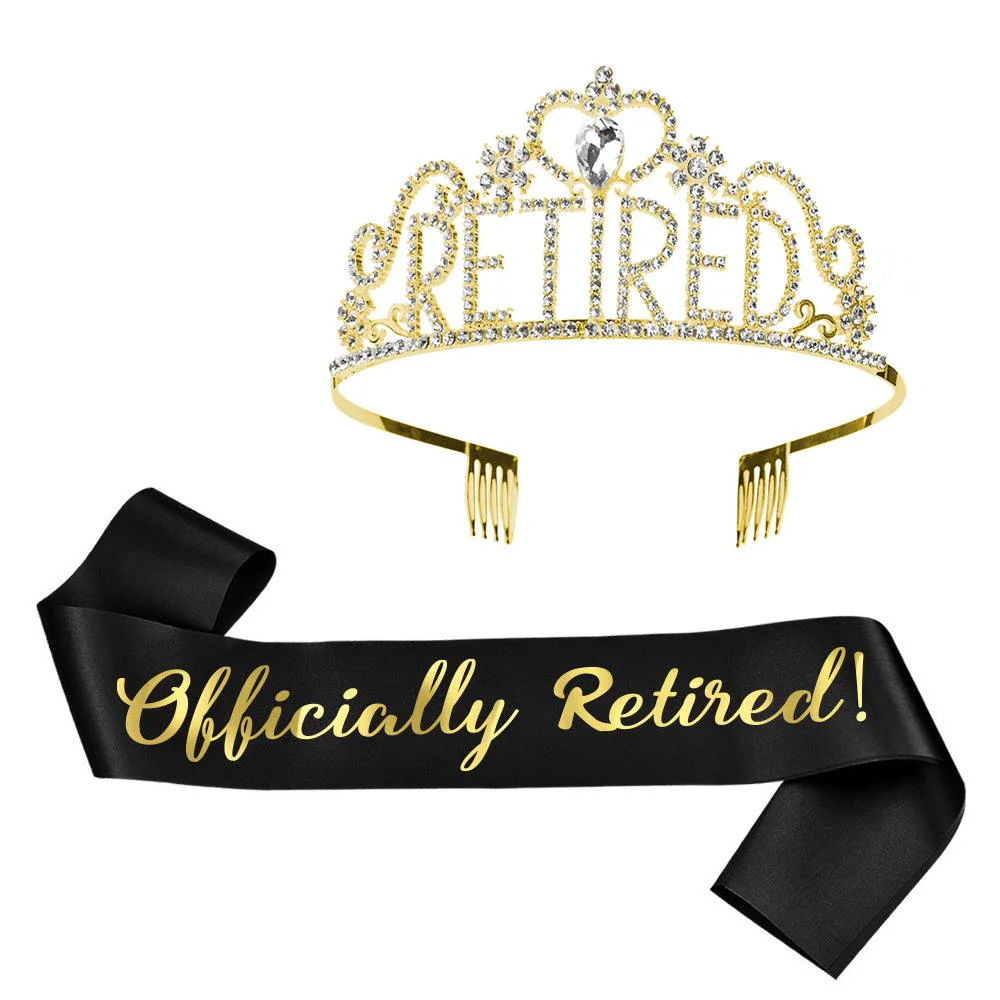 Officially Retire Crown Tiaras Sash Set Hair Accessories Retirement Gifts Party Decorations