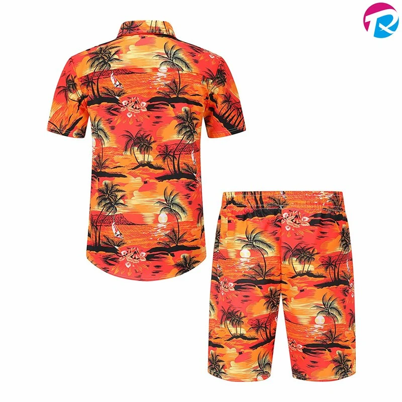 Custom Men Summer Hawaii Printed Shirts Hawaiian Beach Wear Matching Shirts and Pants Set