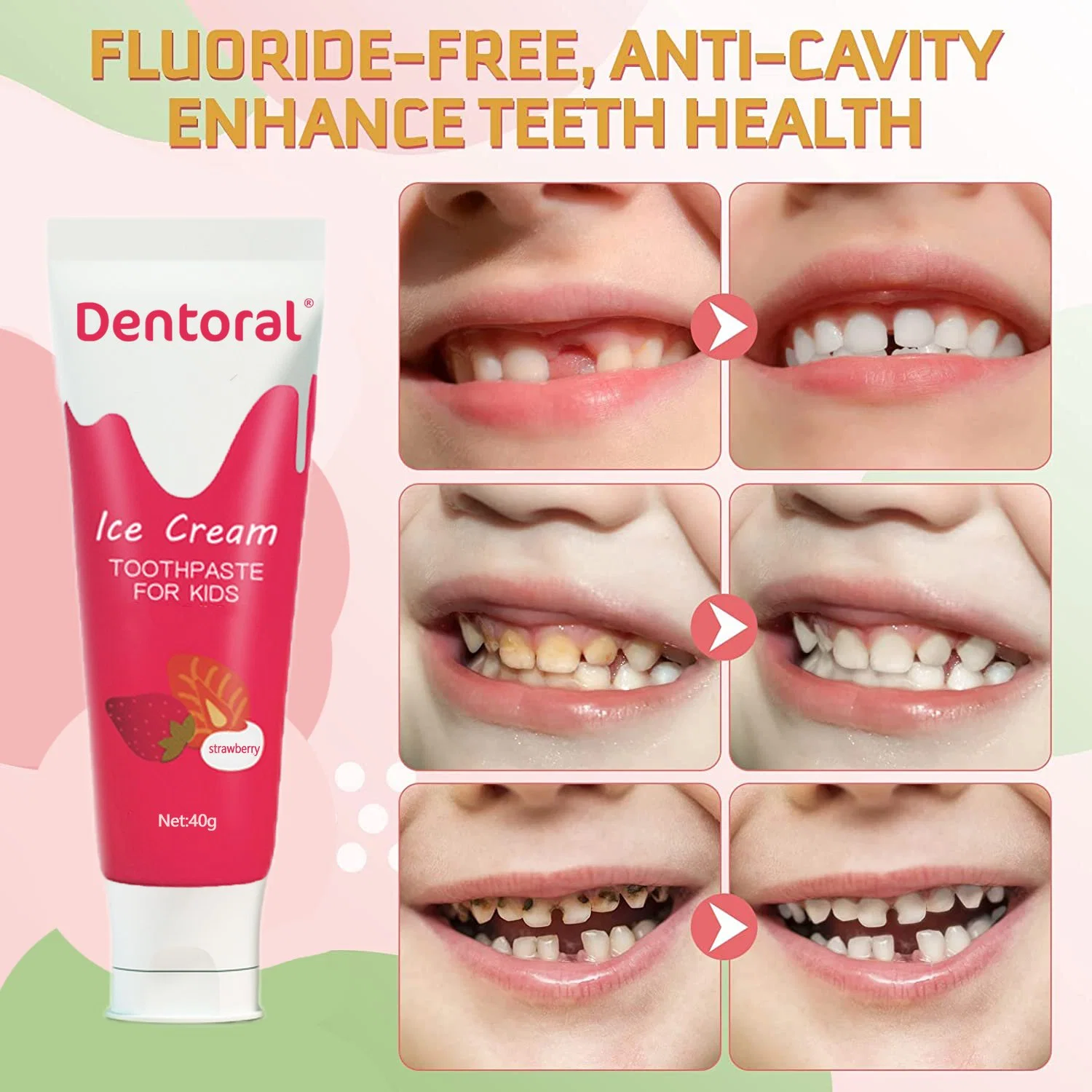 Dentoral Natural Strawberry Flavor Fluoride Free Oral Freshing Whitening Kids Toothpaste