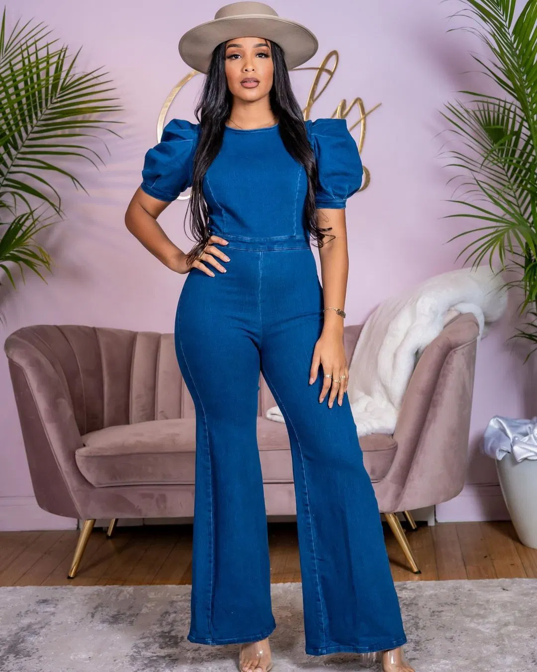 Woamn Puff Sleeve Cutout Zipper Round Neck Short Sleeve Denim Jumpsuit