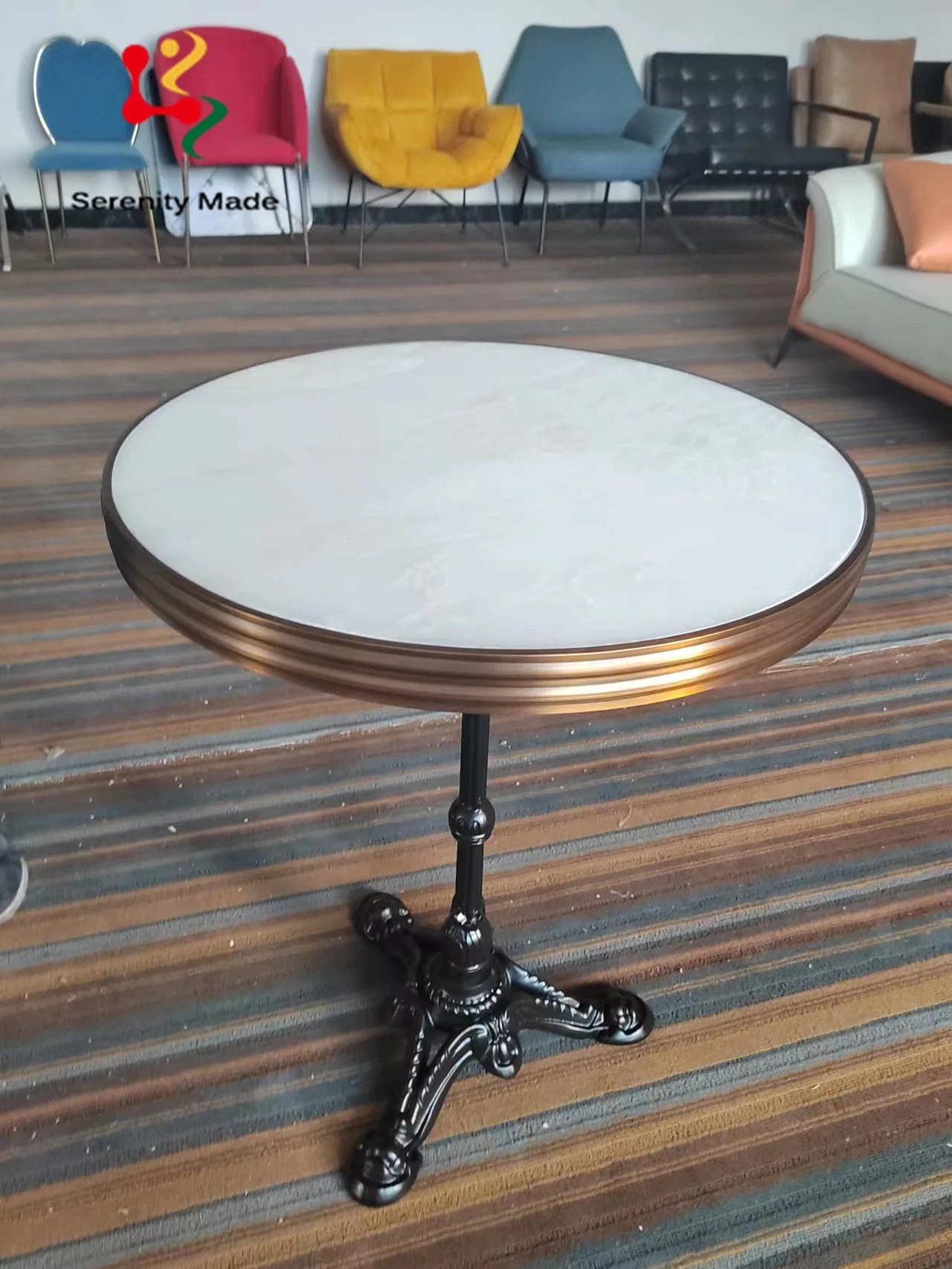 High-Quality Luxury Restaurant Cafe Round Marble Top Brass Edge Sealing Iron Base Coffee Shop Dining Table