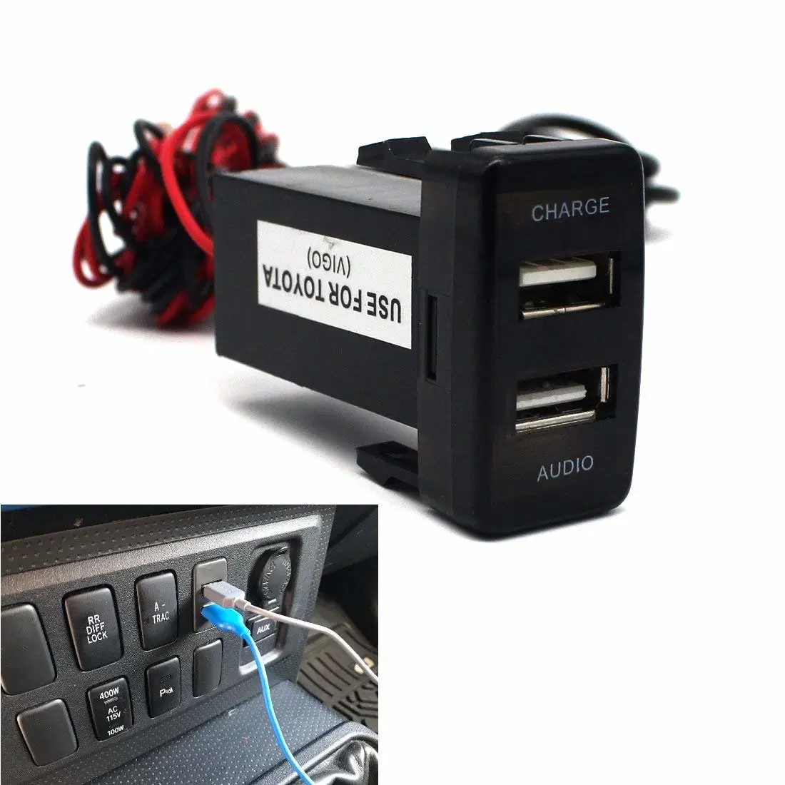 Car 5V 2.1A USB Interface Socket Charger and USB Audio Input Socket Use for Toyota Hilux Vigo, Coaster, Corolla Ex, Yaris, Reiz