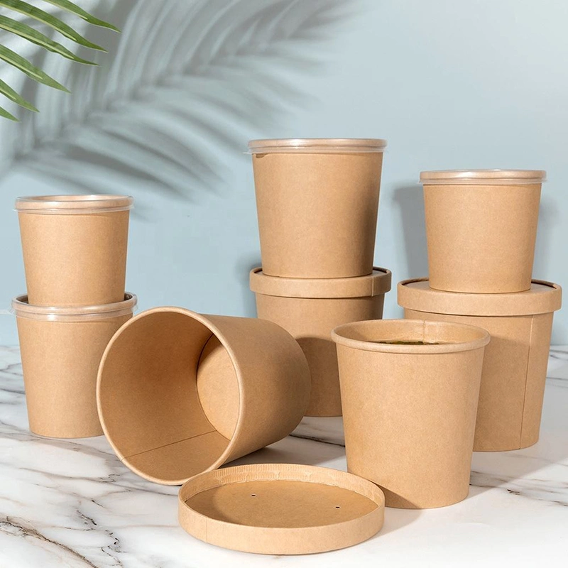 Disposable Food Container Brown Kraft Paper Soup Bowl with Paper Lid