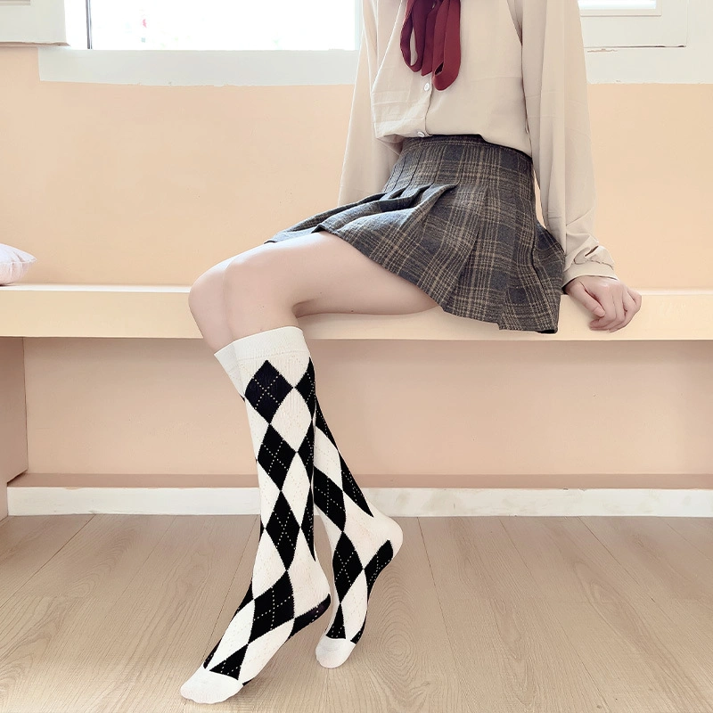 Black and White Diamond Check Calf Japanese College High Suit Retro British Long Tube Knee Socks