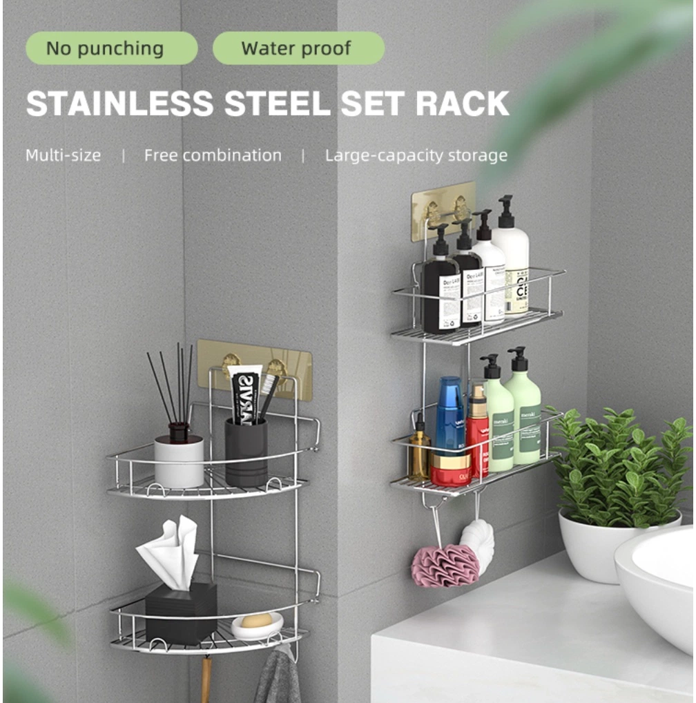 Hot Selling No Drilling Wall Mounted Shower Caddy Adhesive Bathroom Corner Shelf