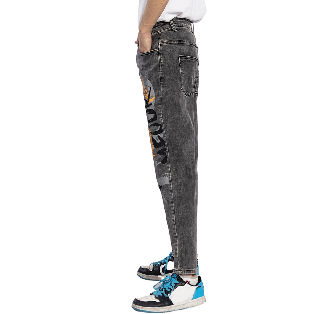 Brand Logo Printing Graphic Grey Tapered Fashion Men's Jean