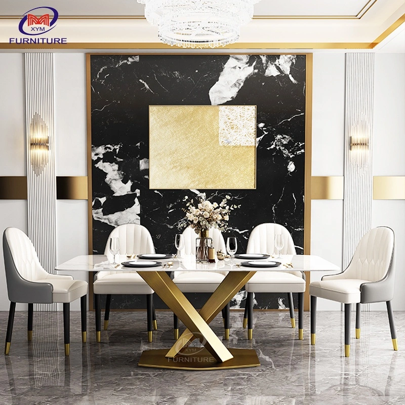 Dining Room Stainless Steel Modern Luxury Marble Top Dining Tables and Chairs Set