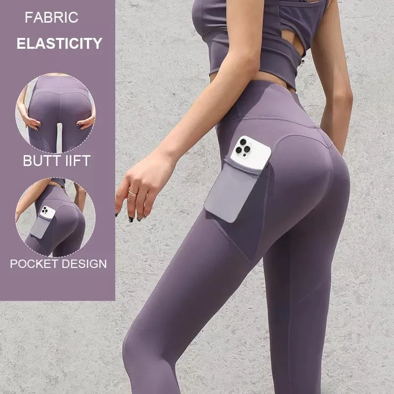 Calças de ioga de cintura subida, elásticas e sem costuras para mulher Com bolsos em malha treino desportivo leggings de ioga desportiva