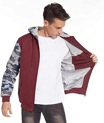 Dos homens Blusa com capuz zíper completo Casaco com revestimento de velo Fuzzy Heavyweight Camo Camisolas Casacos de Inverno