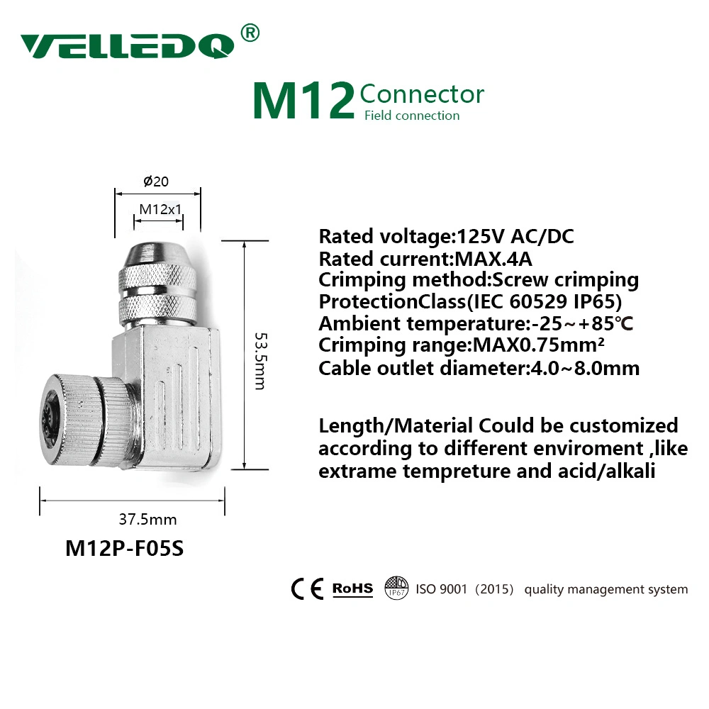 M12 Shield Plug Connector 5 Pin Female Right Angle for Sensor