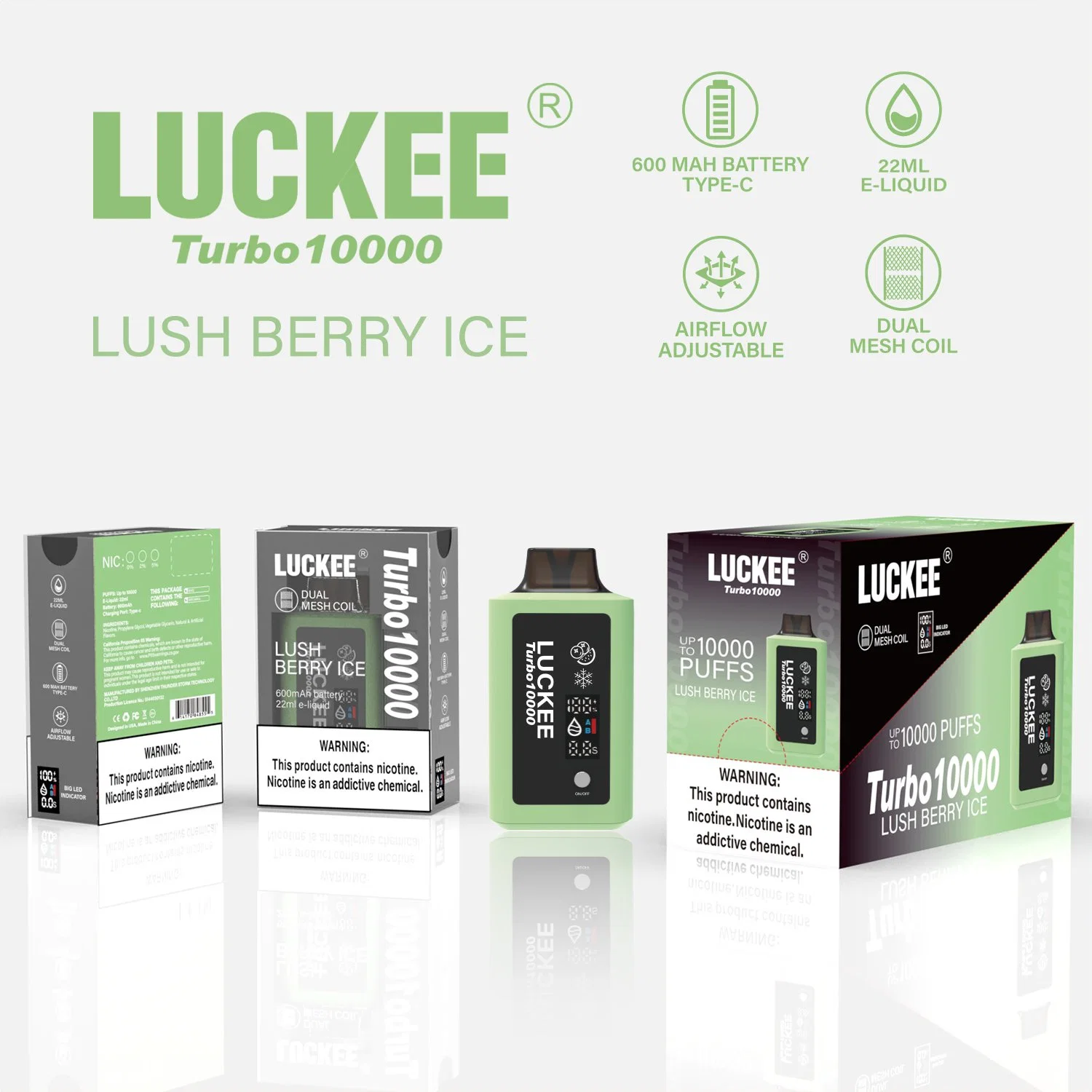 US-Lager Kostenloser Versand Einweg Vape Turbo 10000 Puffs 22ml Flüssige Doppelmaschspulen mit LED-Anzeige