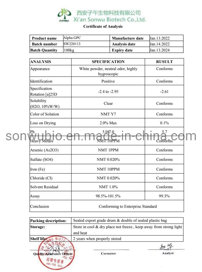 Suministro de la colina Glycerophosphate Sonwu Nootropics polvo CAS 28319-77-9 Cápsula GPC Alpha