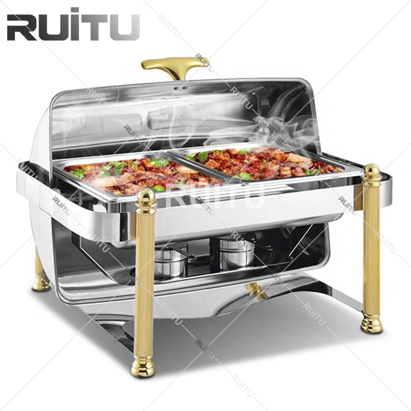 Matériel de cuisine Catering Occasion Buffet plaqué argent Chafers avec couvercle en verre 3 Compartiment du diviseur de plateaux en acier inoxydable alimentaire sous forme de buffet plat de frottement