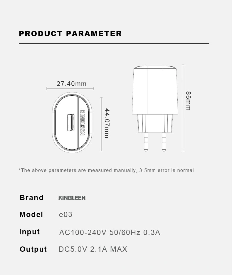 Kingleen E03 EU/Us Pin Smart Wall Charger 2.1A Top Sale Power Supply High quality/High cost performance  Apple/Samsung/Xiaomi 1+Remax Wk