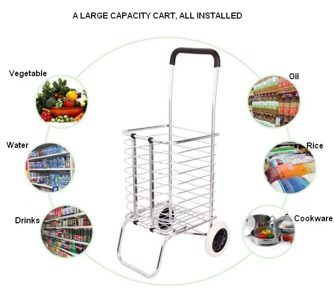 China Wholesale Aluminum Folding Portable Shopping Basket Vegetable Cart with Two Wheels