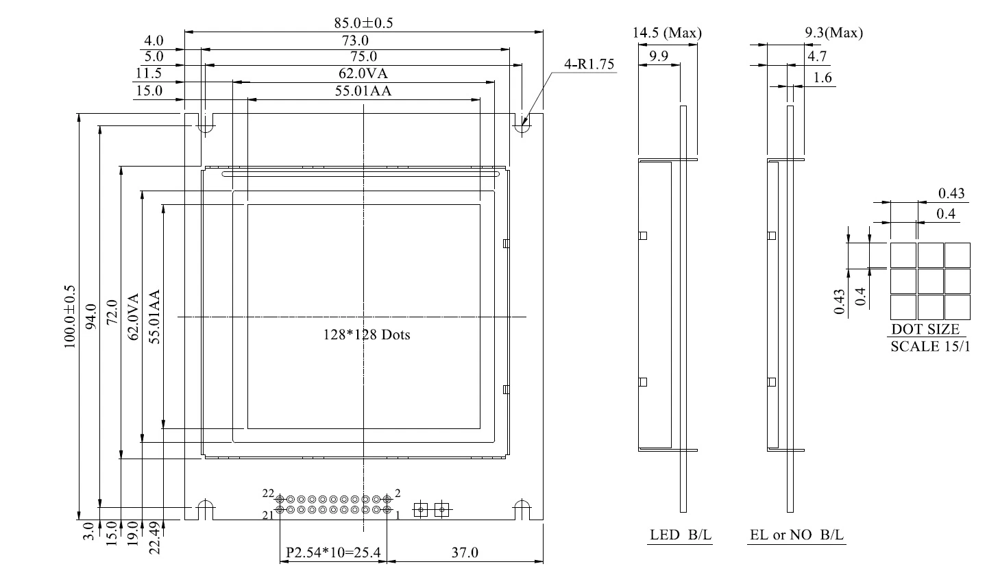 128X128 MCU Graphic LCD Display, Ks0108, 22pin, for POS, Doorbell, Medical, Cars