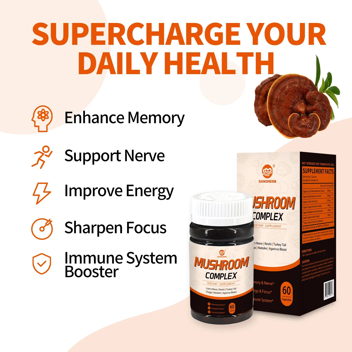 Six Mushroom Multi Mushroom Complex Dietary Supplement Capsules Health Product with Reishi Mushroom Lions Mane Chaga