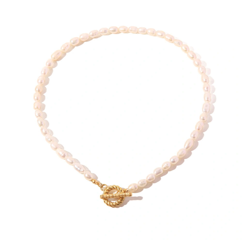 Fashion Luxury Gold Plated Stainless Steel Full Freshwater Pearl Twist Ot Buckle Choker Necklace Jewelry for Women