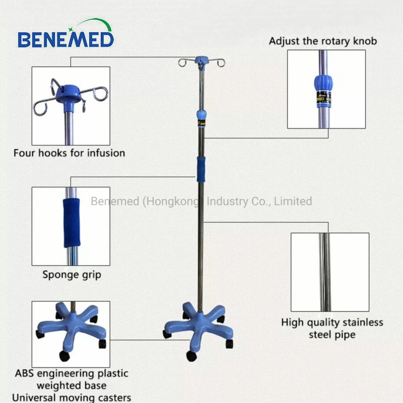 4 Hooks Adjustable Stainless Steel Hospital Furniture Infusion IV Serum Stand with Wheels