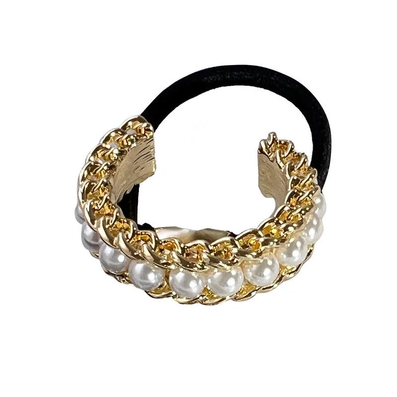 U-Shaped Alloy Women Hair Ties Accessories Chain Pearl Elastic Rubber Band