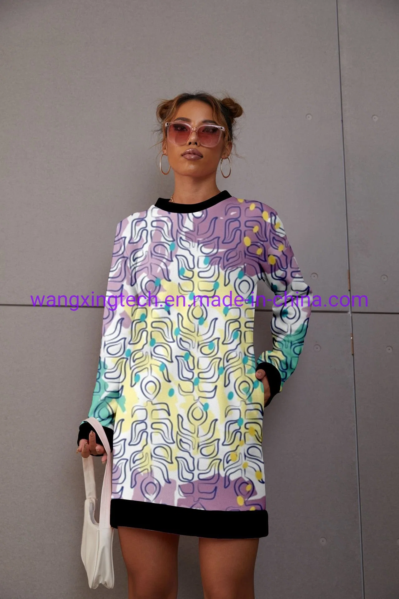 A impressão 3D barata Long-Sleeved das mulheres ao redor do pescoço longo pulôver suéter moda Outono camisola casaco solto