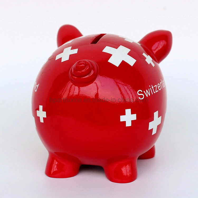 Customized Switzerland Glossy Red Color Resin Lovely Piggy Money Box